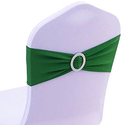 SINSSOWL 100 Pack Spandex Dark Green Chair Sashes for Wedding Stretch Chairs Bows Bands with Buckle for Party Birthday Banquets Engagement Christmas Events Decorations (Dark Green)