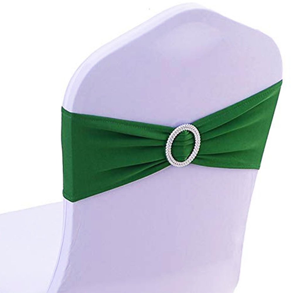 SINSSOWL 100 Pack Spandex Dark Green Chair Sashes for Wedding Stretch Chairs Bows Bands with Buckle for Party Birthday Banquets Engagement Christmas Events Decorations (Dark Green)