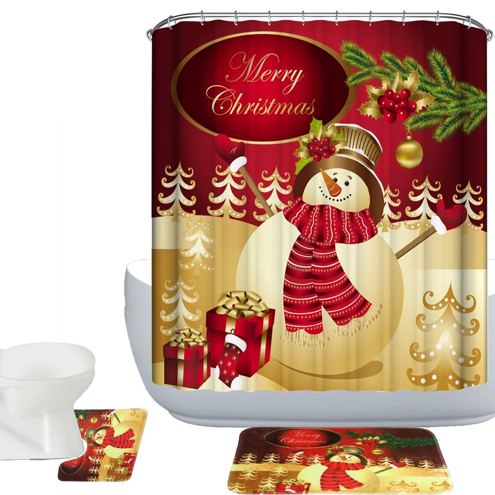 Amagical Merry Christmas Lovely Golden Snow Man Pattern 3 Piece Bathroom Mat Set Shower Curtain Set Bath Mat Contour Mat Fabric Shower Curtian 12 Hooks