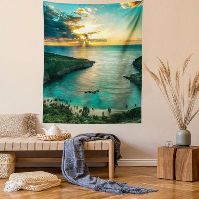 Ambesonne Hawaiian Tapestry Queen Size, Sunrise Over Hanauma Bay Oahu Hawaii Sunbeams Through Clouds Shoreline, Wall Hanging Bedspread Bed Cover Wall Decor, Queen Size, Green Orange