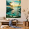 Ambesonne Hawaiian Tapestry Queen Size, Sunrise Over Hanauma Bay Oahu Hawaii Sunbeams Through Clouds Shoreline, Wall Hanging Bedspread Bed Cover Wall Decor, Queen Size, Green Orange view 1