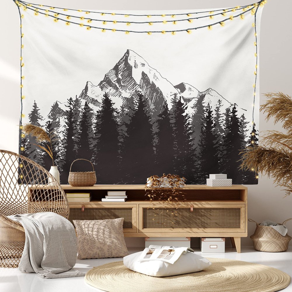 Ambesonne European Tapestry, River in Norway Sunrise Sunbeams Through Pine Trees Springtime Scenic, Fabric Wall Hanging Decor for Bedroom Living Room Dorm, 45" X 30", Soft Blue Apple Green