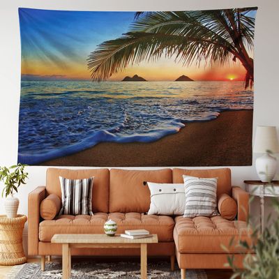 Ambesonne Hawaiian Tapestry King Size, Pacific Sunrise at Lanikai Beach Hawaii Colorful Sky Wavy Ocean Surface Scene, Wall Hanging Bedspread Bed Cover Wall Decor, 104" X 88", Blue Ivory