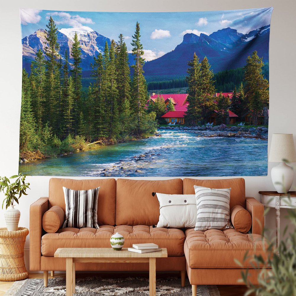 Ambesonne Landscape Tapestry King Size, River Log Lake Village Themed Scenery Panoramic Woods Mountains, Wall Hanging Bedspread Bed Cover Wall Decor, 104" X 88", Blue Green