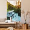 Ambesonne European Tapestry Queen Size, River in Norway Sunrise Sunbeams Through Pine Trees Springtime Scenic, Wall Hanging Bedspread Bed Cover Wall Decor, 88" X 88", Soft Blue Apple Green view 2