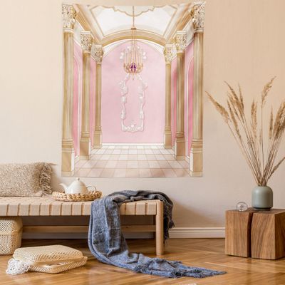 Ambesonne Cartoon Tapestry Twin Size, Fairytale Castle Interior of a Ballroom Chandelier Ceiling Columns Kingdom Pinkish Love Print, Wall Hanging Bedspread Bed Cover Wall Decor, Twin Size, Rose Peach