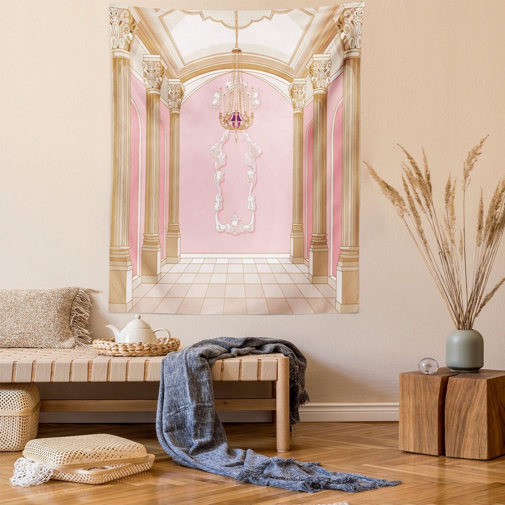 Ambesonne Cartoon Tapestry Twin Size, Fairytale Castle Interior of a Ballroom Chandelier Ceiling Columns Kingdom Pinkish Love Print, Wall Hanging Bedspread Bed Cover Wall Decor, Twin Size, Rose Peach