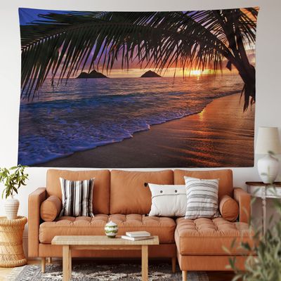 Ambesonne Hawaiian Tapestry King Size, Pacific Sunrise at Lanikai Beach Hawaii Sandy Tropics Hills Leaves Landmark, Wall Hanging Bedspread Bed Cover Wall Decor, King Size, Umber Purple