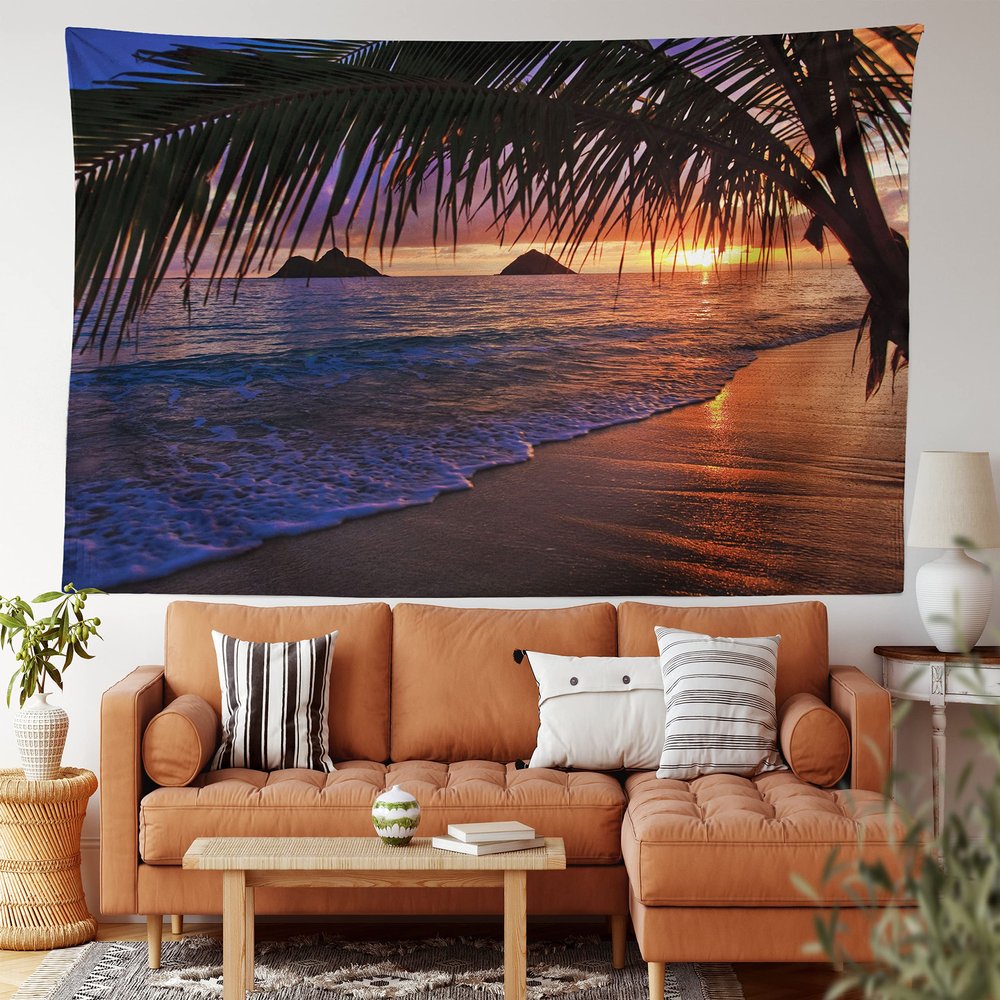 Ambesonne Hawaiian Tapestry King Size, Pacific Sunrise at Lanikai Beach Hawaii Sandy Tropics Hills Leaves Landmark, Wall Hanging Bedspread Bed Cover Wall Decor, King Size, Umber Purple