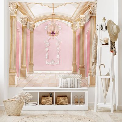 Ambesonne Cartoon Tapestry King Size, Interior of The Ballroom Magic Castle Chandelier Ceiling Columns Kingdom Print, Wall Hanging Bedspread Bed Cover Wall Decor, King Size, Rose Peach