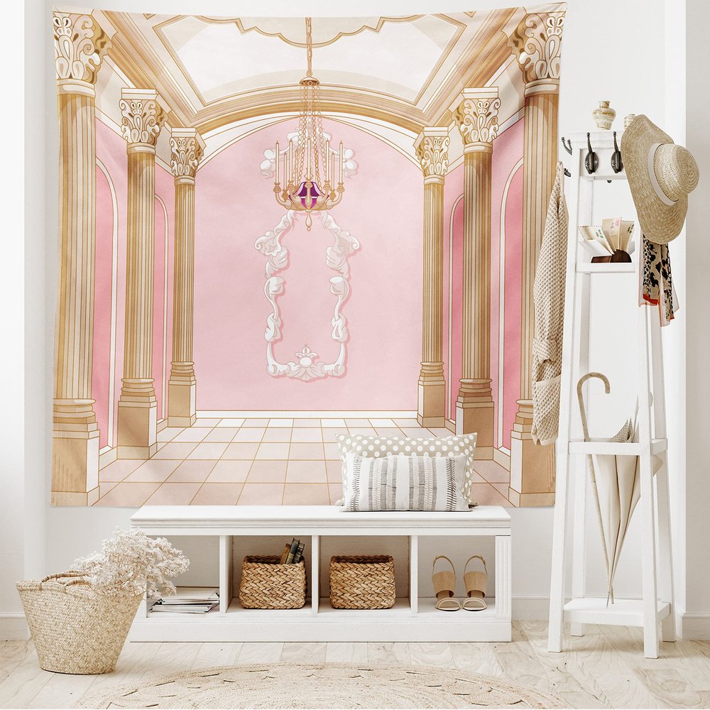 Ambesonne Cartoon Tapestry King Size, Interior of The Ballroom Magic Castle Chandelier Ceiling Columns Kingdom Print, Wall Hanging Bedspread Bed Cover Wall Decor, King Size, Rose Peach