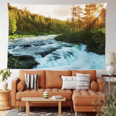 Ambesonne European Tapestry King Size, River in Norway Sunrise Sunbeams Through Pine Trees Springtime Scenic, Wall Hanging Bedspread Bed Cover Wall Decor, 104" X 88", Soft Blue Apple Green