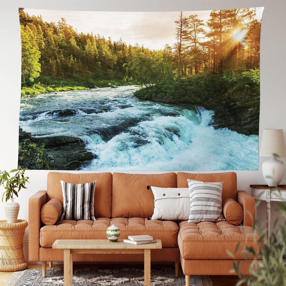 Ambesonne European Tapestry King Size, River in Norway Sunrise Sunbeams Through Pine Trees Springtime Scenic, Wall Hanging Bedspread Bed Cover Wall Decor, 104" X 88", Soft Blue Apple Green
