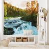 Ambesonne European Tapestry King Size, River in Norway Sunrise Sunbeams Through Pine Trees Springtime Scenic, Wall Hanging Bedspread Bed Cover Wall Decor, 104" X 88", Soft Blue Apple Green view 2