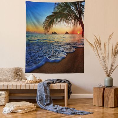 Ambesonne Hawaiian Tapestry Queen Size, Pacific Sunrise at Lanikai Beach Hawaii Colorful Sky Wavy Ocean Surface Scene, Wall Hanging Bedspread Bed Cover Wall Decor, 88" X 88", Blue Ivory
