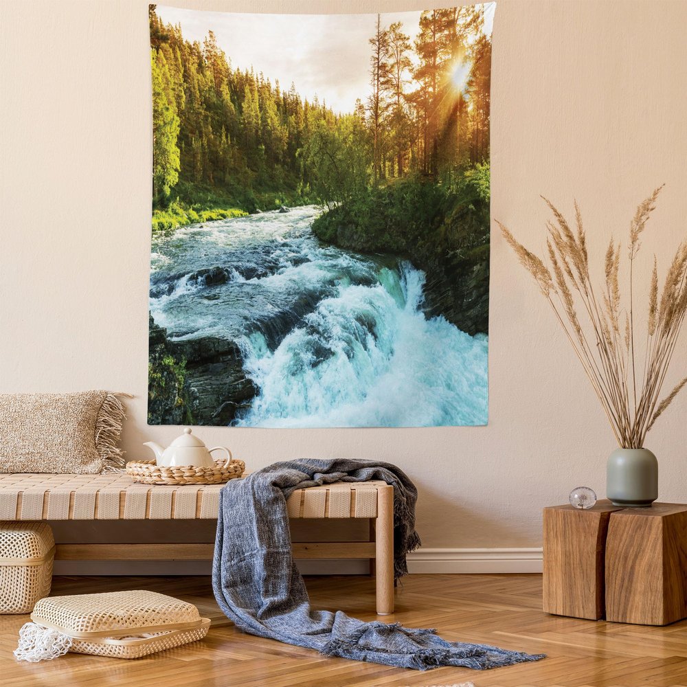Ambesonne European Tapestry Twin Size, River in Norway Sunrise Sunbeams Through Pine Trees Springtime Scenic, Wall Hanging Bedspread Bed Cover Wall Decor, 68" X 88", Soft Blue Apple Green