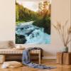 Ambesonne European Tapestry Twin Size, River in Norway Sunrise Sunbeams Through Pine Trees Springtime Scenic, Wall Hanging Bedspread Bed Cover Wall Decor, 68" X 88", Soft Blue Apple Green view 1