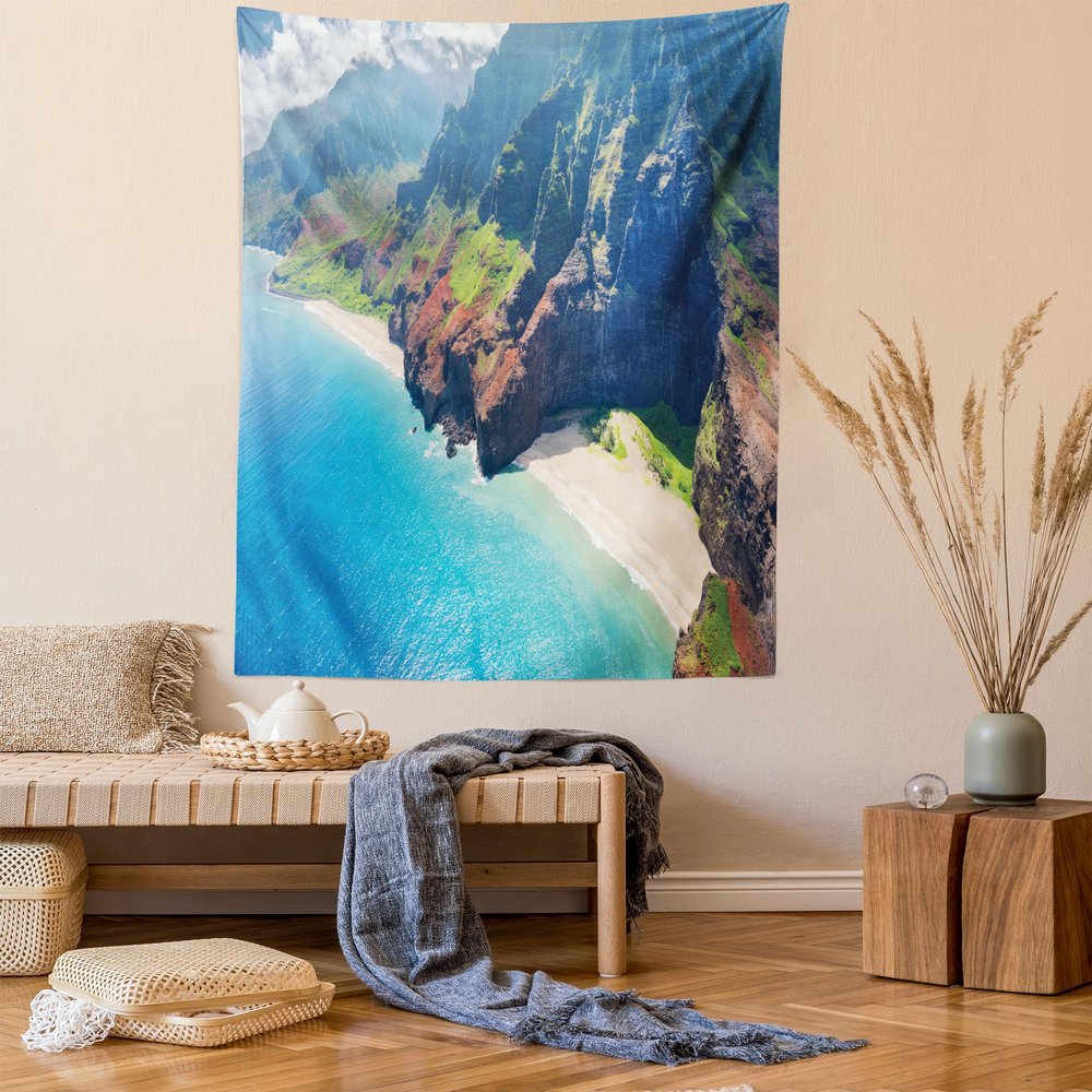 Ambesonne Hawaiian Tapestry Queen Size, Na Pali Coast on Kauai Island on Hawaii Sunny Day Seaside Mountain Skyline, Wall Hanging Bedspread Bed Cover Wall Decor, 88" X 88", Blue Green Brown