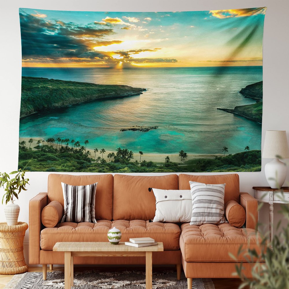 Ambesonne Hawaiian Tapestry King Size, Sunrise Over Hanauma Bay Oahu Hawaii Sunbeams Through Clouds Shoreline, Wall Hanging Bedspread Bed Cover Wall Decor, King Size, Green Orange