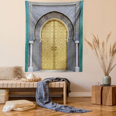 Ambesonne Moroccan Tapestry, Antique Doors Morocco Yellow Doorknob Ornamental Carved Intricate, Fabric Wall Hanging Decor for Bedroom Living Room Dorm, 23" X 28", Yellow Teal Blue