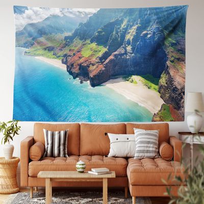 Ambesonne Hawaiian Tapestry King Size, Na Pali Coast on Kauai Island on Hawaii Sunny Day Seaside Mountain Skyline, Wall Hanging Bedspread Bed Cover Wall Decor, 104" X 88", Blue Green Brown