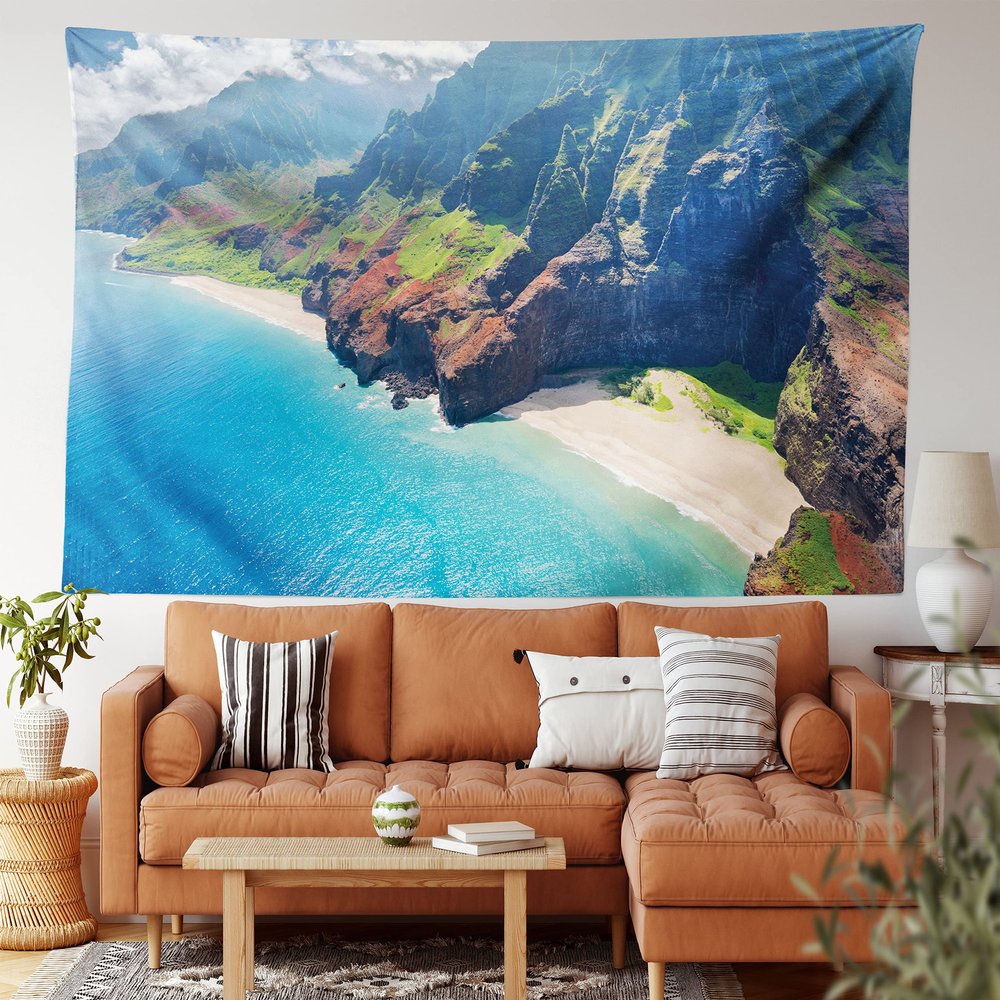 Ambesonne Hawaiian Tapestry King Size, Na Pali Coast on Kauai Island on Hawaii Sunny Day Seaside Mountain Skyline, Wall Hanging Bedspread Bed Cover Wall Decor, 104" X 88", Blue Green Brown
