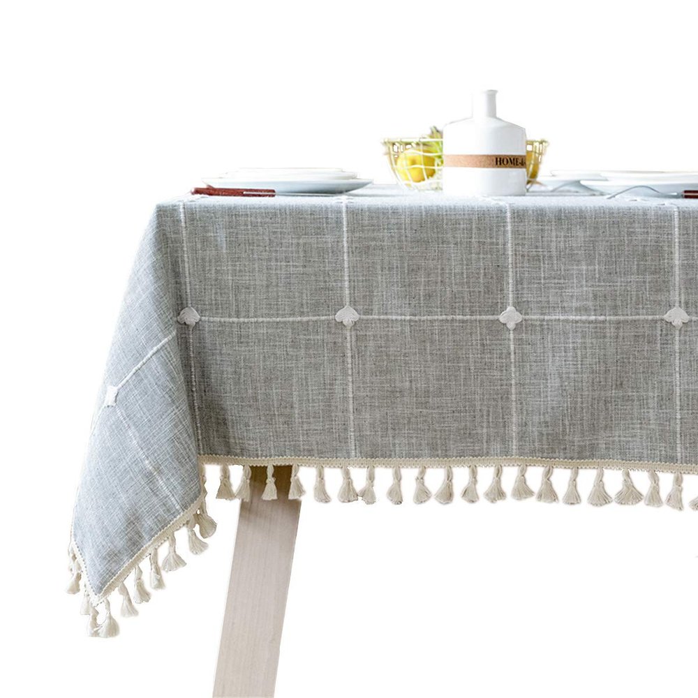 Bettery Home Cotton Linen Rectangular Tablecloth Tassel Plaid Table Cloth for Dining Kitchen Room Tabletop Decoration, 44" x 66"