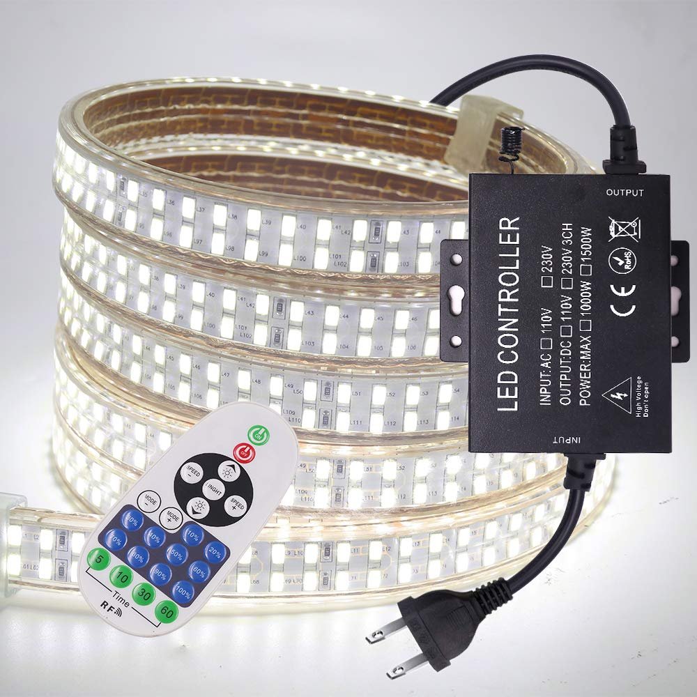 XUNATA AC 110V Strip Light, Super Bright LED Rope Light with Remote Controller, 36Ft Timing Dimmable Waterproof 5730(5630 Upgraded) 240 LEDs/M, for Home Outdoor Indoor Decor(White)