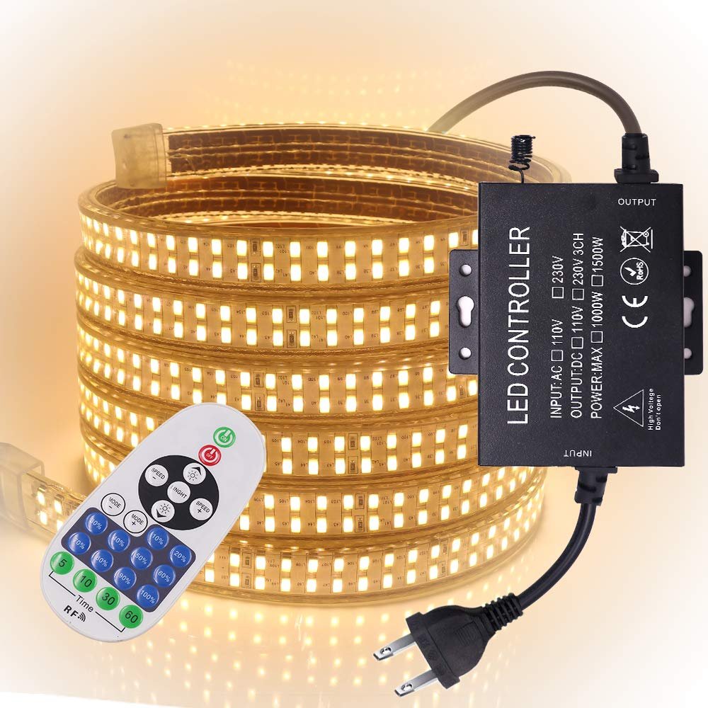 XUNATA 50Ft LED Rope Lights with Remote Control, Dimmable Waterproof 5730(5630 Upgraded) 240 LEDs/M 110V Strip Light, Flex Super Bright for Outdoor Indoor Decor(Warm White)