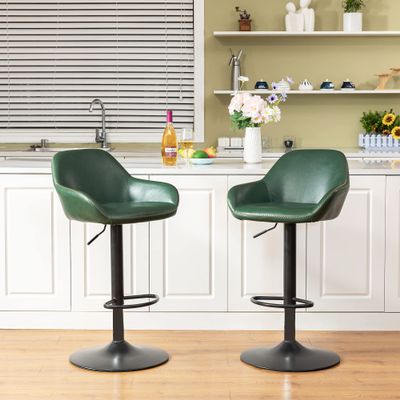Glitzhome Mid Century Bar Stools Set of 2 Vintage Swivel Leather Adjustable Bar Chair with Backrest and Footrest, Modern Pub Kitchen Counter Height Barstools, Hunter Green
