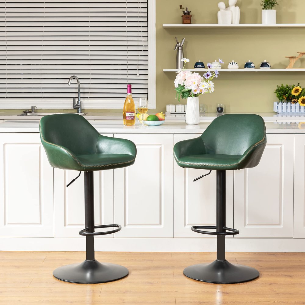 Glitzhome Mid Century Bar Stools Set of 2 Vintage Swivel Leather Adjustable Bar Chair with Backrest and Footrest, Modern Pub Kitchen Counter Height Barstools, Hunter Green