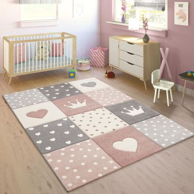 Kid's Rug Pastel Colors Checked Dots Hearts Stars White Grey Pink, Size: 6'7" x 9'6"