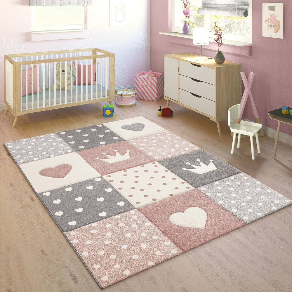 Kid's Rug Pastel Colors Checked Dots Hearts Stars White Grey Pink, Size: 6'7" x 9'6"