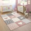 Kid's Rug Pastel Colors Checked Dots Hearts Stars White Grey Pink, Size: 6'7" x 9'6" view 1