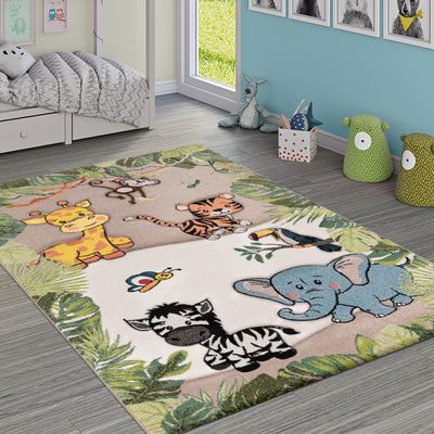 Paco Home Kids Rug Jungle Animals Giraffe Lion Monkey Zebra Beige Cream, Size:4'4" Square