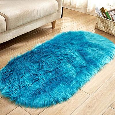 32x71in Blue Faux Fur Area Rug -Shaggy Sheepskin Fluffy Throw Carpet Art Rugs Bedroom Living Room Decor