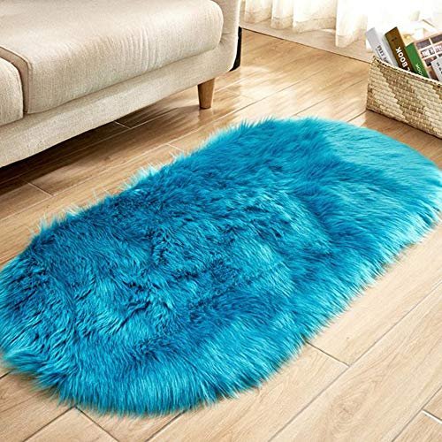 32x71in Blue Faux Fur Area Rug -Shaggy Sheepskin Fluffy Throw Carpet Art Rugs Bedroom Living Room Decor