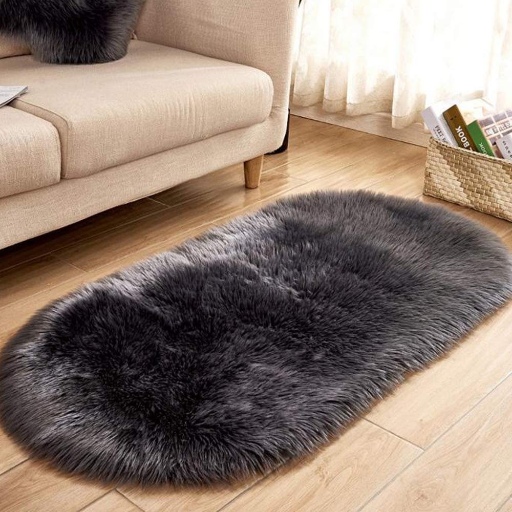 27x59in Dark Grey Faux Fur Area Rug -Shaggy Sheepskin Fluffy Throw Carpet Art Rugs Bedroom Living Room Decor