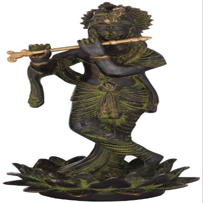Exotic India Chandravanshi Krishna, of The Lunar Dynasty - Brass Statue - Color Black Green Gold Color