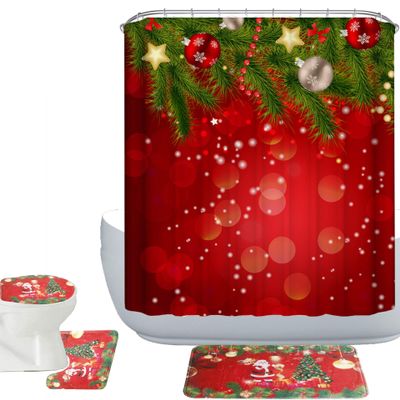 Amagical Merry Christmas Red Santa Pattern 4 Piece Bathroom Mat Set Shower Curtain Set Bath Mat Contour Mat Toilet Cover Fabric Shower Curtian 12 Hooks
