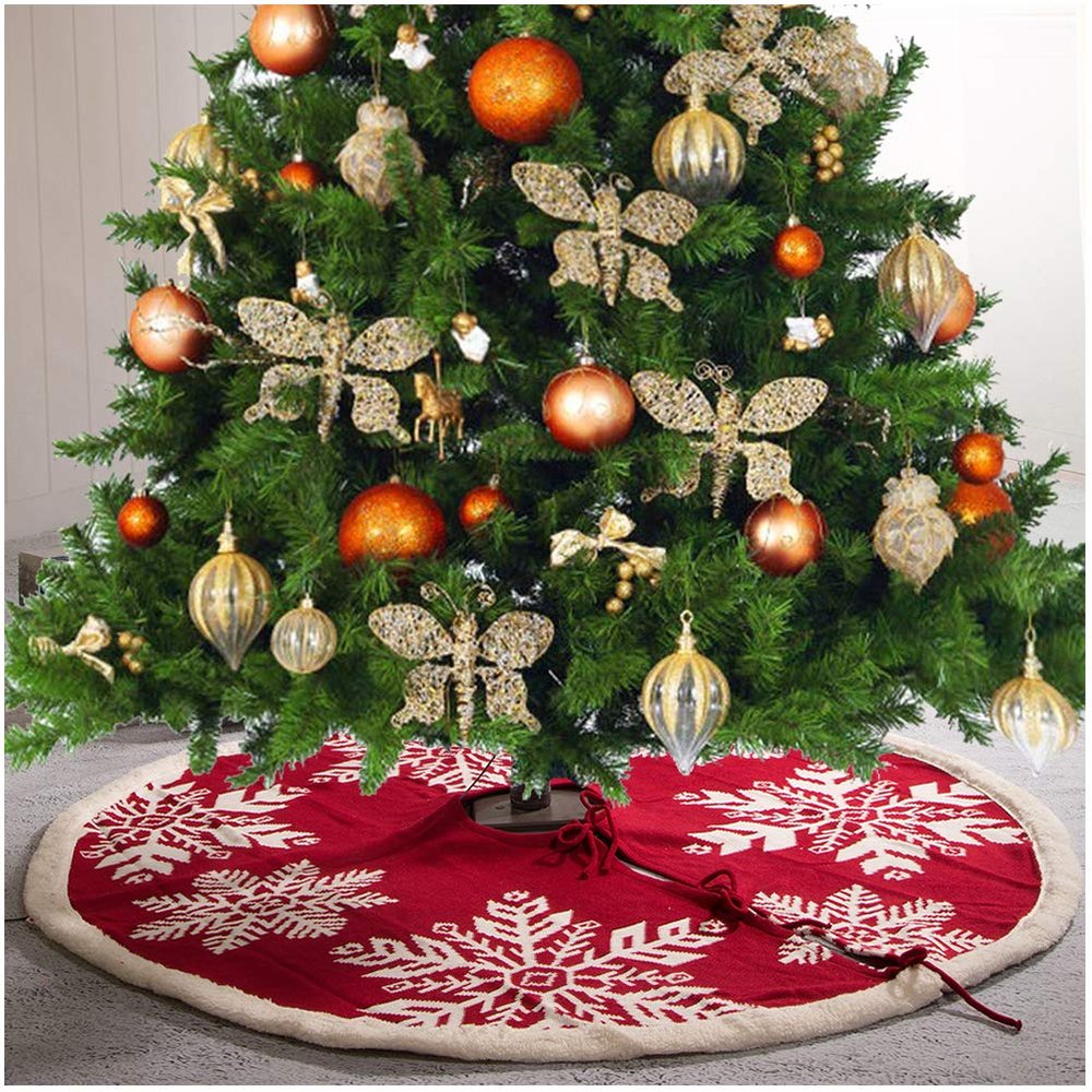 Glitzhome 48" Knitted Red Christmas Tree Skirt with Snowflake Pattern for Xmas Winter Holiday Party Decoration(White Snowflake)