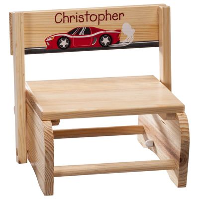 Custom 2-in-1 Children's Step Stool and Chair, Customized with Kids Name, Racecar Design