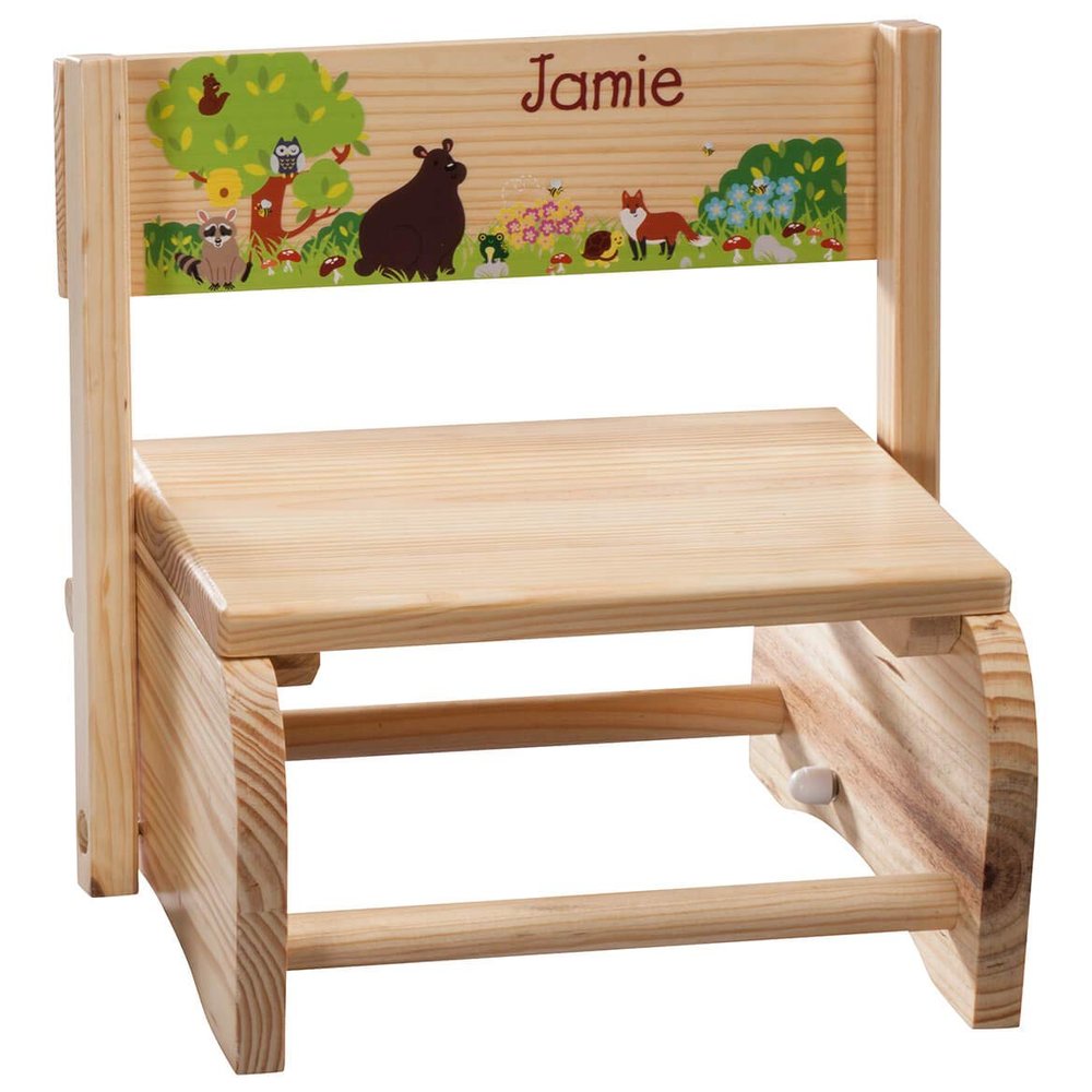 Custom 2-in-1 Children's Step Stool and Chair, Customized with Kids Name, Woodland Animals Design