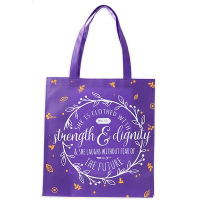 Christian Art Gifts Reusable Shopping Tote Bag for Women: Strength & Dignity - Proverbs 31:25 Inspirational Bible Verse, Easy-hold Collapsible Handbag for Groceries & Books, Golden Leaves, Purple