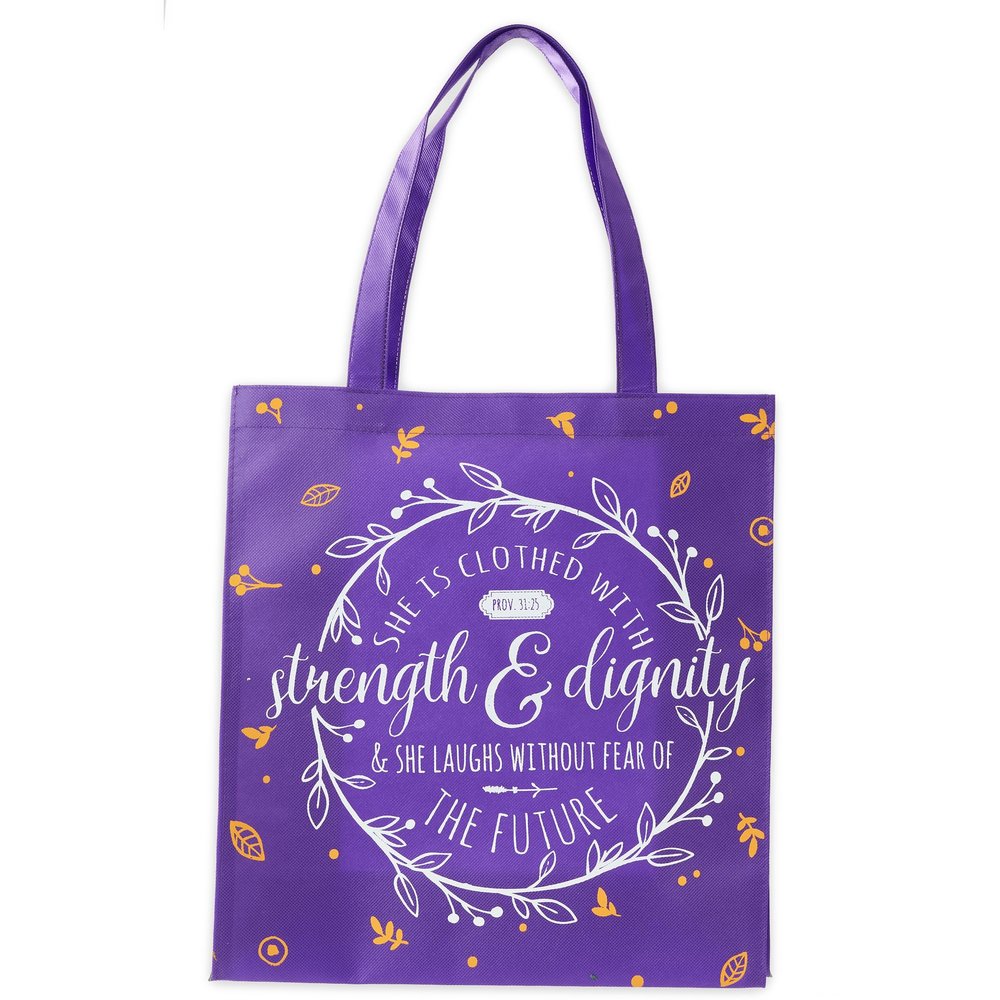 Christian Art Gifts Reusable Shopping Tote Bag for Women: Strength & Dignity - Proverbs 31:25 Inspirational Bible Verse, Easy-hold Collapsible Handbag for Groceries & Books, Golden Leaves, Purple