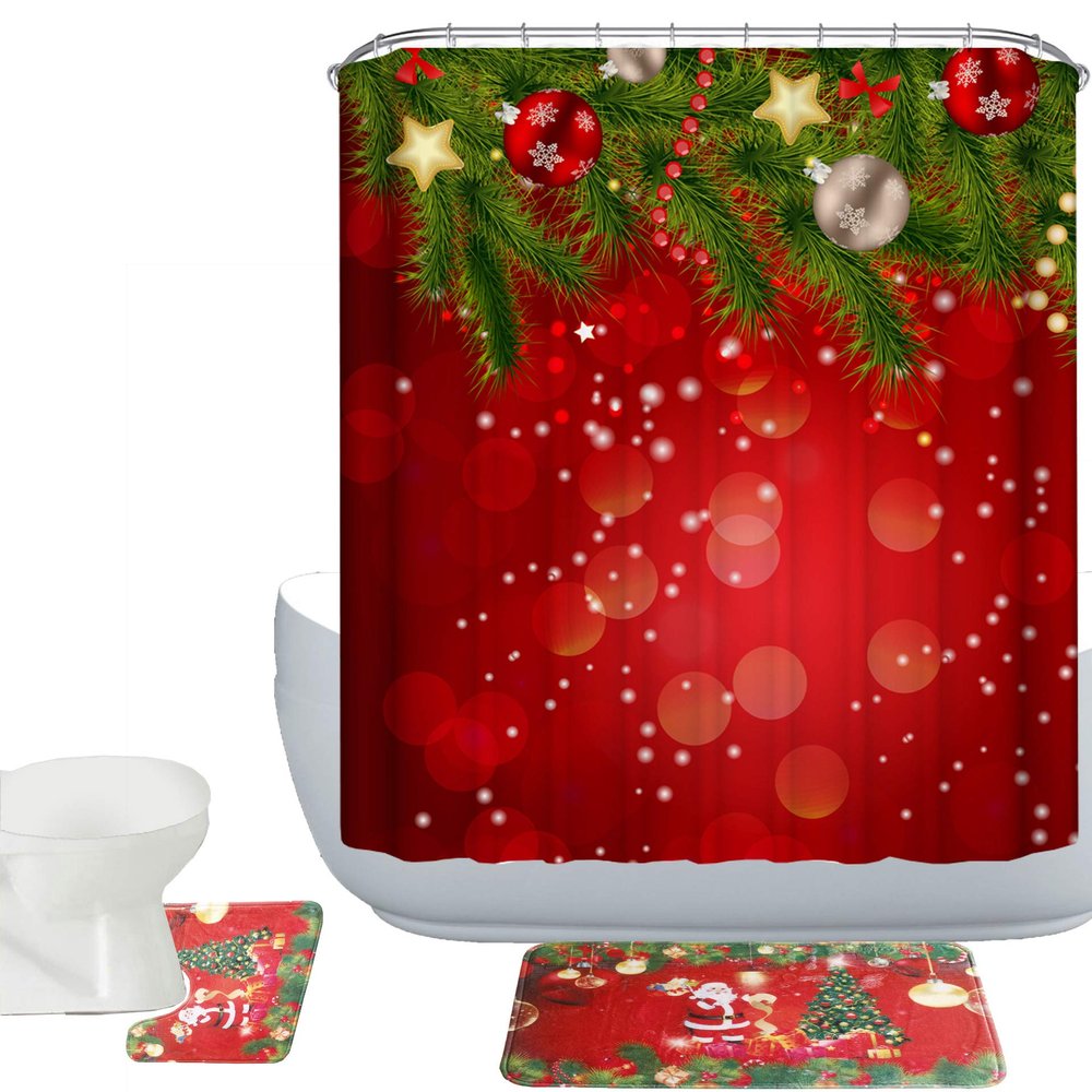 Amagical Merry Christmas Red Santa Pattern 3 Piece Bathroom Mat Set Shower Curtain Set Bath Mat Contour Mat Fabric Shower Curtian 12 Hooks