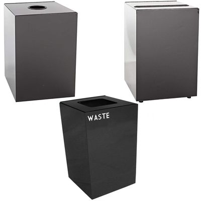 Witt Industries Steel 28-Gallon Geo Cube Recycling Container, Round Opening, Legend "Cans", Slot Opening, Legend "Newspaper" and Square Opening, Legend "Waste" Square, Charcoal.