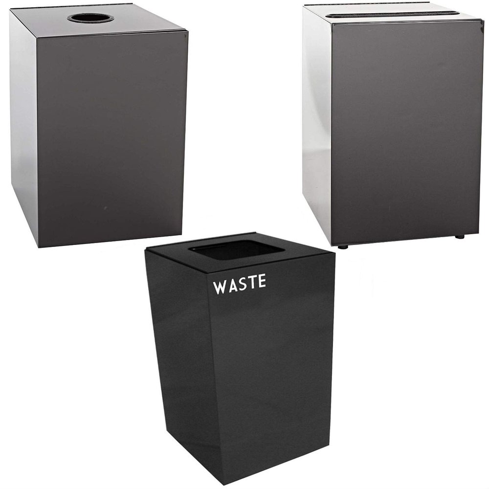 Witt Industries Steel 28-Gallon Geo Cube Recycling Container, Round Opening, Legend "Cans", Slot Opening, Legend "Newspaper" and Square Opening, Legend "Waste" Square, Charcoal.