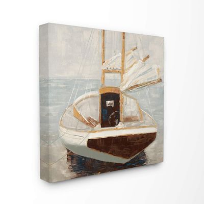 The Stupell Home Dcor Collection Muted Neutral Sailboat at Port on a Calm Sea Painting