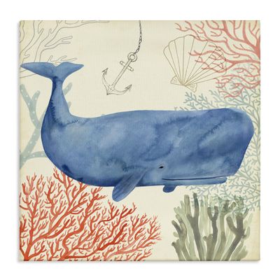 The Stupell Home Dcor Collection Anchor Coral and Shells Underwater Whimsical Whale Watercolor Stretched Canvas Wall Art, 17 x 17, Multi-Color